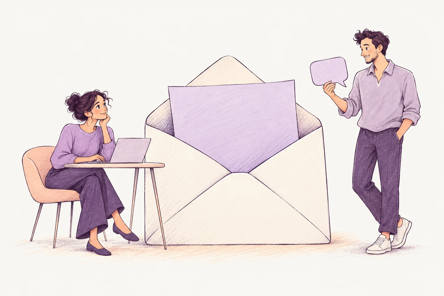 Editorial sketch of two people starting a conversation beside an open envelope