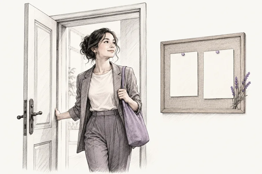 Ink sketch of a candidate discovering an opportunity at an open doorway