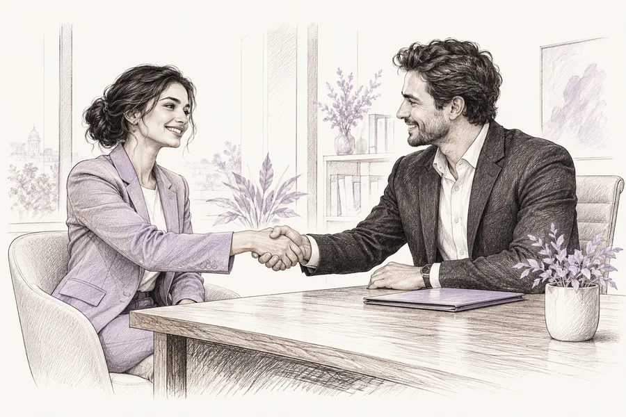 Ink sketch of a candidate and recruiter sharing a handshake