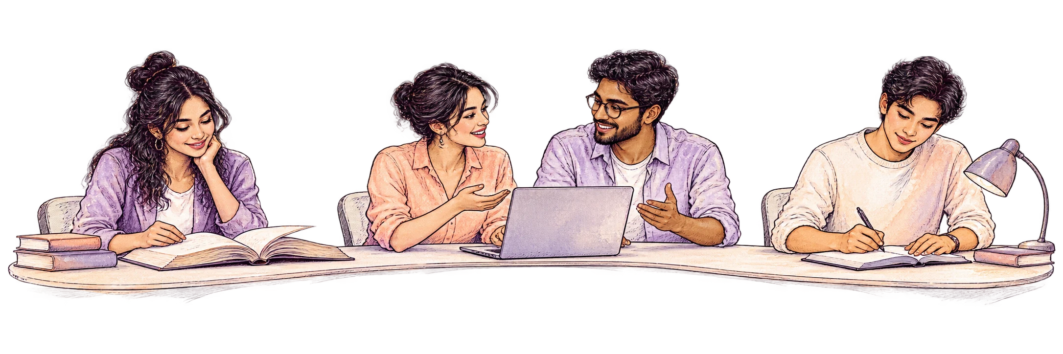 Panoramic ink sketch of hiring colleagues reading a guide, discussing questions, and taking notes at a shared desk