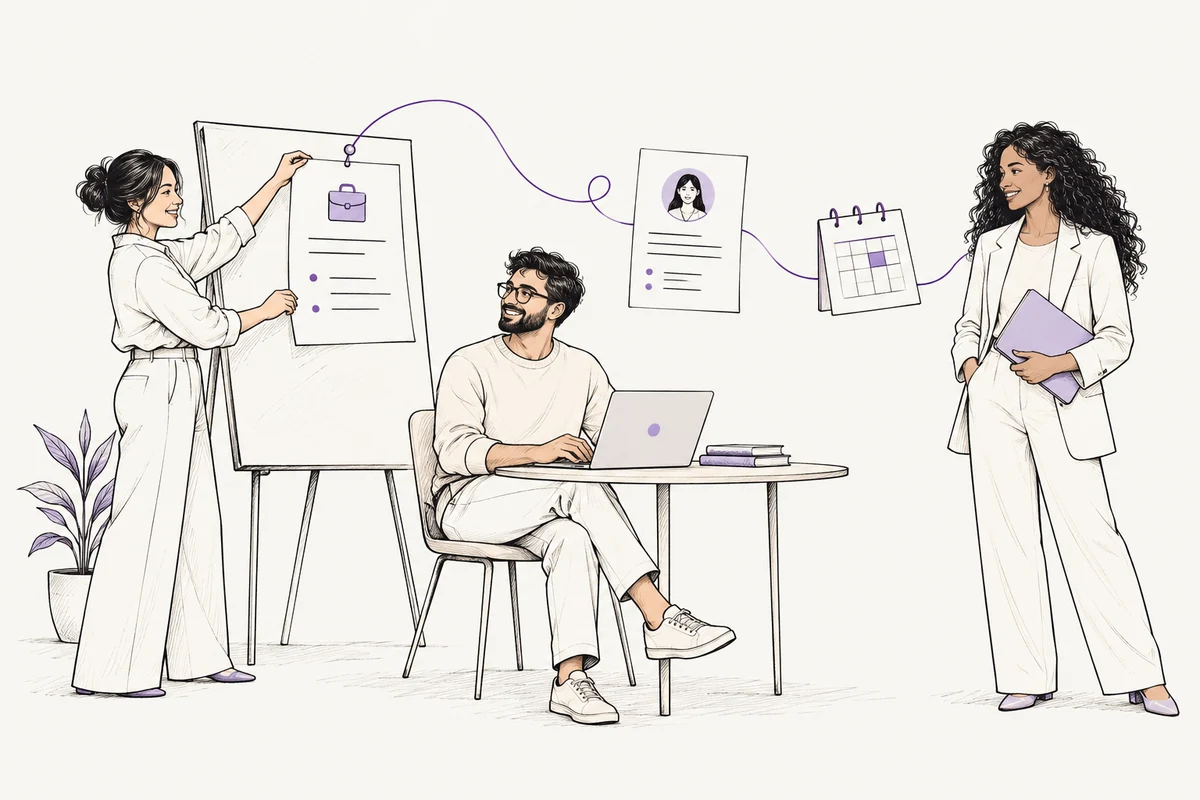 Recruiters and a candidate connecting job opportunities, profiles, and conversations
